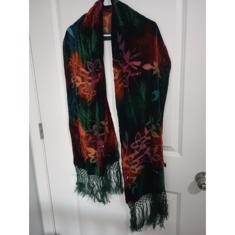 Silk Rayon Floral Sequin Scarf with‎ Fringe | Long Boho Wrap | 68 x 19.5